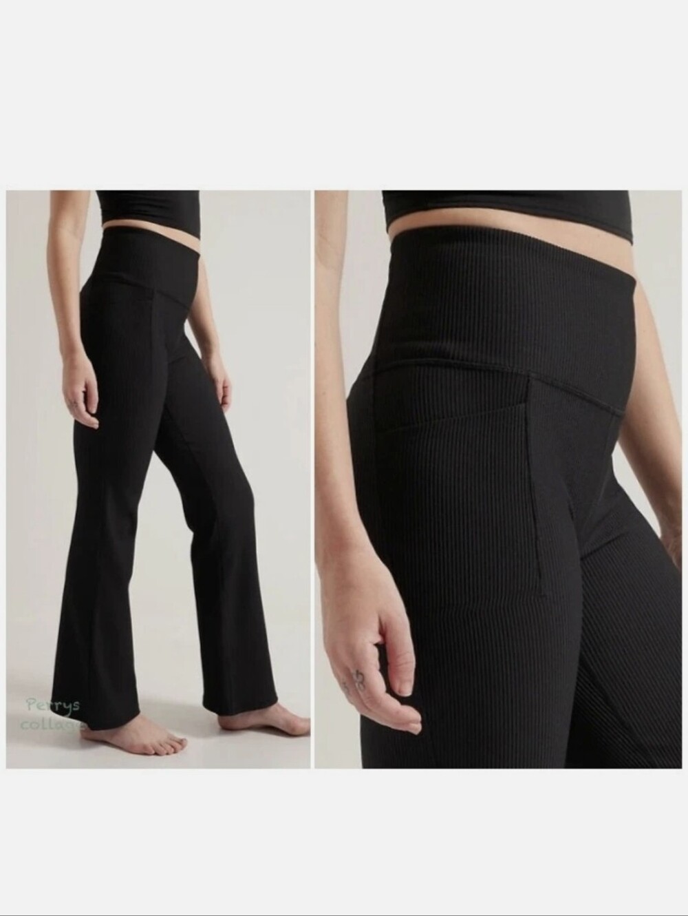 Athleta Salutation Stash Rib Flare Black Pants High-Rise Flared Ribbed